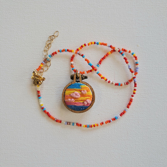 Handmade Embroidered Florida Sunset Landscape in Beaded Necklace