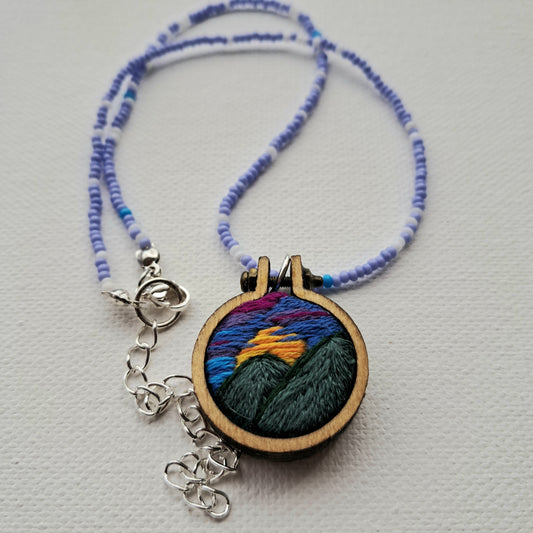 Handmade Embroidered Mountain Sunset Landscape Beaded Necklace